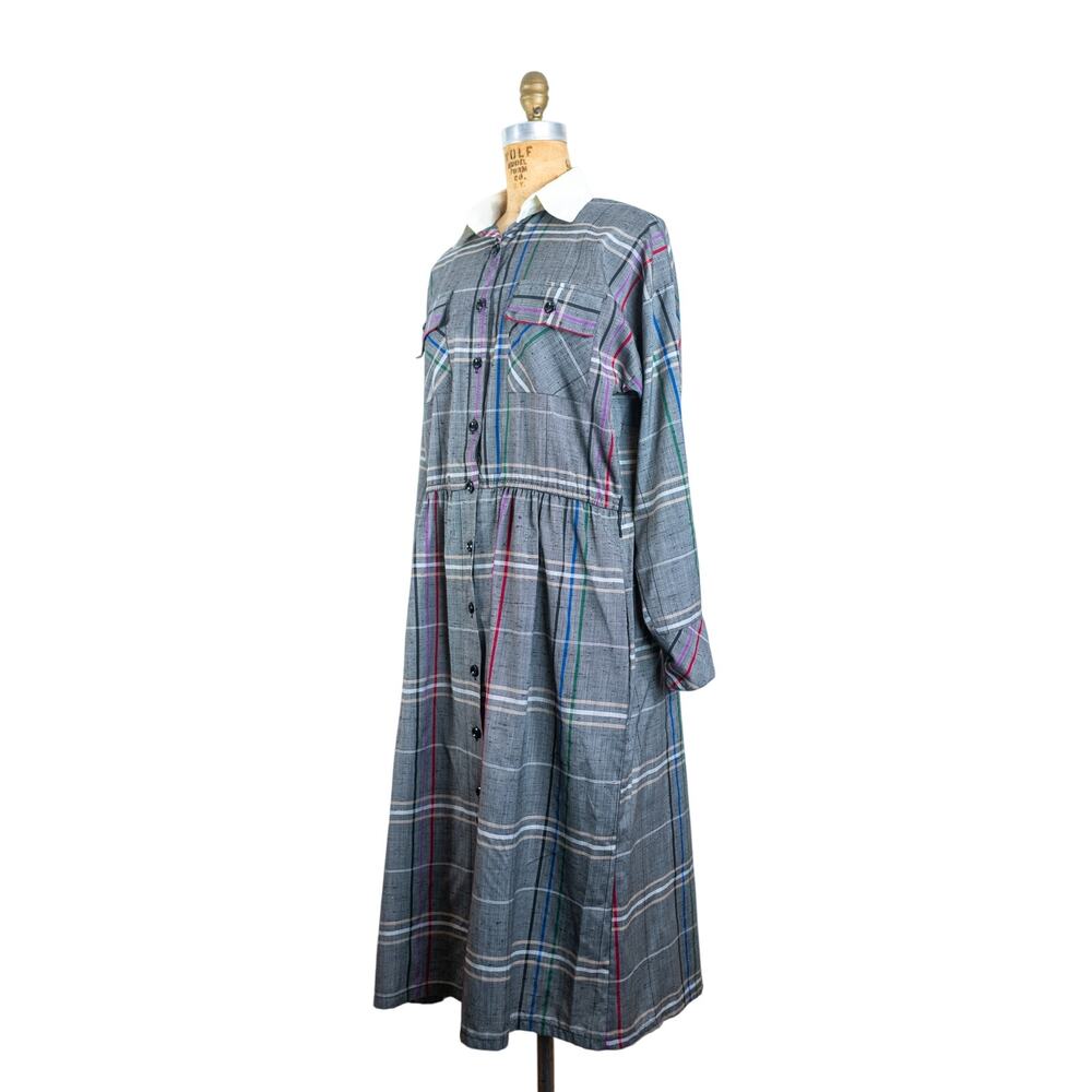 Vintage 90s Gray Plaid Midi Shirt Dress, Collared Long Sleeved, Academia, MED/LG